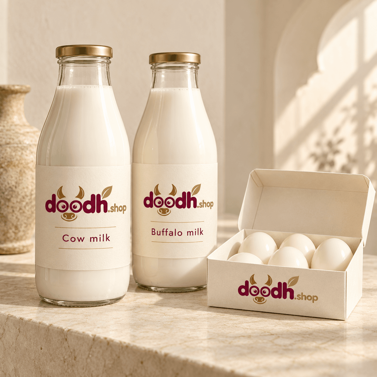 Representative doodh.shop cow milk and buffalo milk bottles with a five-piece boiled egg pack