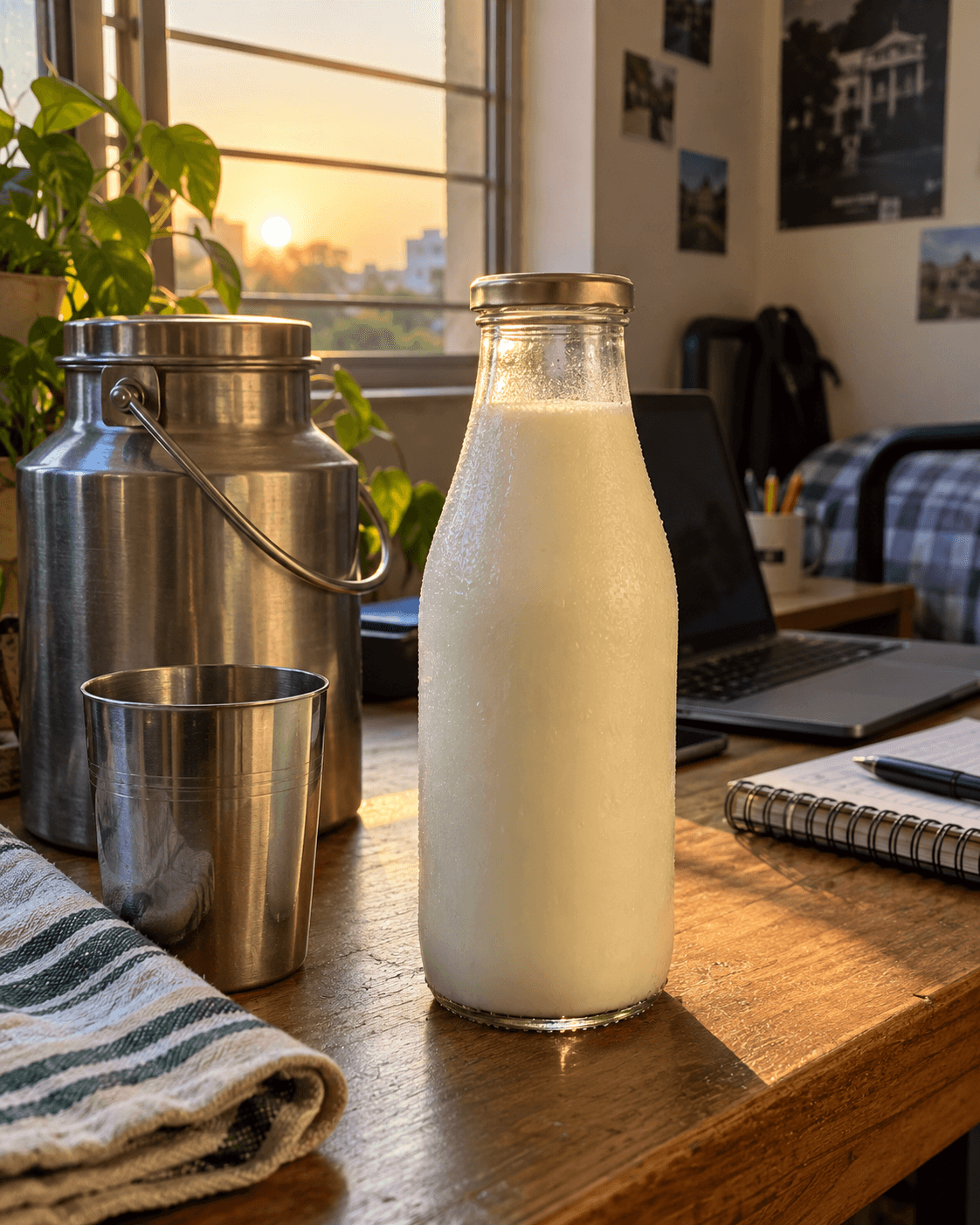 A sealed glass milk bottle on a warm university hostel desk